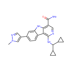 Cn1cc(-c2ccc3c(c2)[nH]c2c(C(N)=O)cnc(NC(C4CC4)C4CC4)c23)cn1 ZINC000072125778