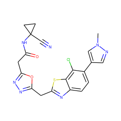 Cn1cc(-c2ccc3nc(Cc4nnc(CC(=O)NC5(C#N)CC5)o4)sc3c2Cl)cn1 ZINC000147556394