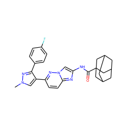 Cn1cc(-c2ccc3nc(NC(=O)C45CC6CC(CC(C6)C4)C5)cn3n2)c(-c2ccc(F)cc2)n1 ZINC001772636323