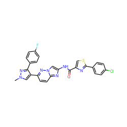 Cn1cc(-c2ccc3nc(NC(=O)c4csc(-c5ccc(Cl)cc5)n4)cn3n2)c(-c2ccc(F)cc2)n1 ZINC001772621044