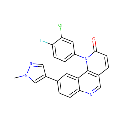 Cn1cc(-c2ccc3ncc4ccc(=O)n(-c5ccc(F)c(Cl)c5)c4c3c2)cn1 ZINC000071296313