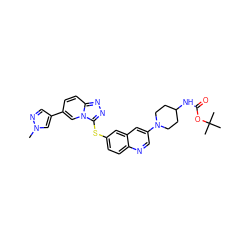 Cn1cc(-c2ccc3nnc(Sc4ccc5ncc(N6CCC(NC(=O)OC(C)(C)C)CC6)cc5c4)n3c2)cn1 ZINC000144127161