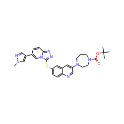 Cn1cc(-c2ccc3nnc(Sc4ccc5ncc(N6CCCN(C(=O)OC(C)(C)C)CC6)cc5c4)n3c2)cn1 ZINC000219860241