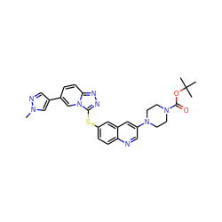 Cn1cc(-c2ccc3nnc(Sc4ccc5ncc(N6CCN(C(=O)OC(C)(C)C)CC6)cc5c4)n3c2)cn1 ZINC000219861359