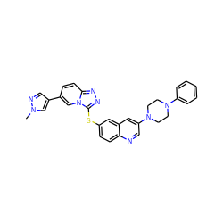 Cn1cc(-c2ccc3nnc(Sc4ccc5ncc(N6CCN(c7ccccc7)CC6)cc5c4)n3c2)cn1 ZINC000218832401