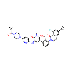 Cn1cc(-c2cccc(-n3ccc4cc(C5CC5)cc(F)c4c3=O)c2CO)cc(Nc2ccc(N3CCN(C(=O)C4CC4)CC3)cn2)c1=O ZINC000221747255