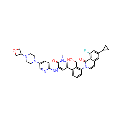 Cn1cc(-c2cccc(-n3ccc4cc(C5CC5)cc(F)c4c3=O)c2CO)cc(Nc2ccc(N3CCN(C4COC4)CC3)cn2)c1=O ZINC000219245494