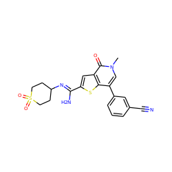 Cn1cc(-c2cccc(C#N)c2)c2sc(/C(N)=N/C3CCS(=O)(=O)CC3)cc2c1=O ZINC000653693887