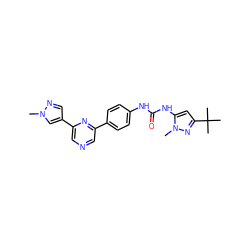 Cn1cc(-c2cncc(-c3ccc(NC(=O)Nc4cc(C(C)(C)C)nn4C)cc3)n2)cn1 ZINC000473088020