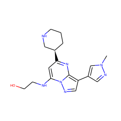 Cn1cc(-c2cnn3c(NCCO)cc([C@@H]4CCCNC4)nc23)cn1 ZINC000066104479