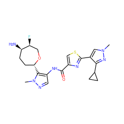 Cn1cc(-c2nc(C(=O)Nc3cnn(C)c3[C@@H]3CC[C@@H](N)[C@@H](F)CO3)cs2)c(C2CC2)n1 ZINC000216887343