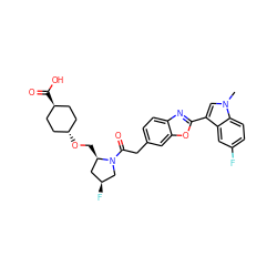 Cn1cc(-c2nc3ccc(CC(=O)N4C[C@@H](F)C[C@H]4CO[C@H]4CC[C@H](C(=O)O)CC4)cc3o2)c2cc(F)ccc21 ZINC000254133208