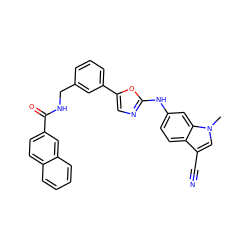 Cn1cc(C#N)c2ccc(Nc3ncc(-c4cccc(CNC(=O)c5ccc6ccccc6c5)c4)o3)cc21 ZINC000013553712