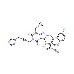 Cn1cc(C#N)cc1-c1c2c(=O)n(CC#CCn3ccnc3)c(=O)n(CC3CC3)c2nn1Cc1ccnc2ccc(Cl)cc12 ZINC000084741917