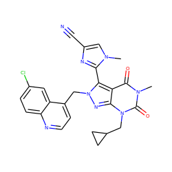 Cn1cc(C#N)nc1-c1c2c(=O)n(C)c(=O)n(CC3CC3)c2nn1Cc1ccnc2ccc(Cl)cc12 ZINC000084740876