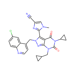 Cn1cc(C#N)nc1-c1c2c(=O)n(C3CC3)c(=O)n(CC3CC3)c2nn1Cc1ccnc2ccc(Cl)cc12 ZINC000084742323