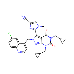 Cn1cc(C#N)nc1-c1c2c(=O)n(CC3CC3)c(=O)n(CC3CC3)c2nn1Cc1ccnc2ccc(Cl)cc12 ZINC000084741908