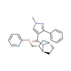 Cn1cc(C(=O)N2[C@H]3CC[C@H]2[C@H](COc2ccccn2)C3)c(-c2ccccc2)n1 ZINC000226058638