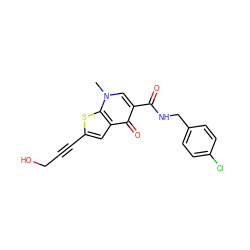 Cn1cc(C(=O)NCc2ccc(Cl)cc2)c(=O)c2cc(C#CCO)sc21 ZINC000013672757