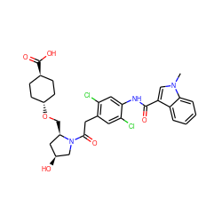 Cn1cc(C(=O)Nc2cc(Cl)c(CC(=O)N3C[C@@H](O)C[C@H]3CO[C@H]3CC[C@H](C(=O)O)CC3)cc2Cl)c2ccccc21 ZINC000253683711