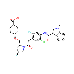 Cn1cc(C(=O)Nc2cc(F)c(CC(=O)N3C[C@@H](F)C[C@H]3CO[C@H]3CC[C@H](C(=O)O)CC3)cc2Cl)c2ccccc21 ZINC000253677615