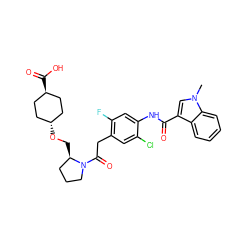 Cn1cc(C(=O)Nc2cc(F)c(CC(=O)N3CCC[C@H]3CO[C@H]3CC[C@H](C(=O)O)CC3)cc2Cl)c2ccccc21 ZINC000253673259