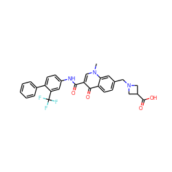 Cn1cc(C(=O)Nc2ccc(-c3ccccc3)c(C(F)(F)F)c2)c(=O)c2ccc(CN3CC(C(=O)O)C3)cc21 ZINC000084652758