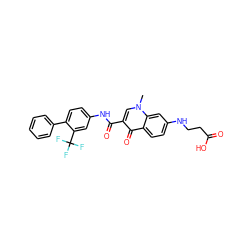 Cn1cc(C(=O)Nc2ccc(-c3ccccc3)c(C(F)(F)F)c2)c(=O)c2ccc(NCCC(=O)O)cc21 ZINC000084652757