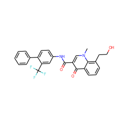 Cn1cc(C(=O)Nc2ccc(-c3ccccc3)c(C(F)(F)F)c2)c(=O)c2cccc(CCO)c21 ZINC000084704615