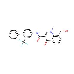 Cn1cc(C(=O)Nc2ccc(-c3ccccc3)c(C(F)(F)F)c2)c(=O)c2cccc(CO)c21 ZINC000084652001