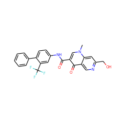 Cn1cc(C(=O)Nc2ccc(-c3ccccc3)c(C(F)(F)F)c2)c(=O)c2cnc(CO)cc21 ZINC000084706844