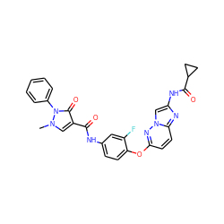 Cn1cc(C(=O)Nc2ccc(Oc3ccc4nc(NC(=O)C5CC5)cn4n3)c(F)c2)c(=O)n1-c1ccccc1 ZINC000103256228