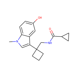 Cn1cc(C2(CNC(=O)C3CC3)CCC2)c2cc(O)ccc21 ZINC000036188174