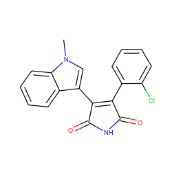 Cn1cc(C2=C(c3ccccc3Cl)C(=O)NC2=O)c2ccccc21 ZINC000000010906