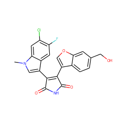 Cn1cc(C2=C(c3coc4cc(CO)ccc34)C(=O)NC2=O)c2cc(F)c(Cl)cc21 ZINC000040423538