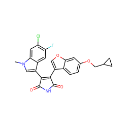 Cn1cc(C2=C(c3coc4cc(OCC5CC5)ccc34)C(=O)NC2=O)c2cc(F)c(Cl)cc21 ZINC000040951505