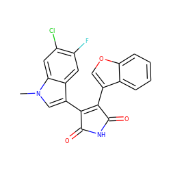 Cn1cc(C2=C(c3coc4ccccc34)C(=O)NC2=O)c2cc(F)c(Cl)cc21 ZINC000045496202