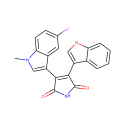 Cn1cc(C2=C(c3coc4ccccc34)C(=O)NC2=O)c2cc(I)ccc21 ZINC000040422789