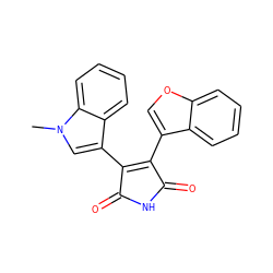 Cn1cc(C2=C(c3coc4ccccc34)C(=O)NC2=O)c2ccccc21 ZINC000013447713