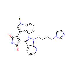 Cn1cc(C2=C(c3nn(CCCCn4ccnc4)c4ncccc34)C(=O)NC2=O)c2ccccc21 ZINC000043122527