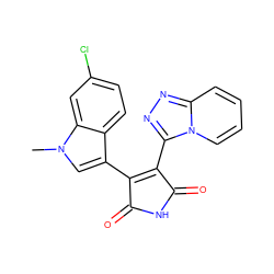 Cn1cc(C2=C(c3nnc4ccccn34)C(=O)NC2=O)c2ccc(Cl)cc21 ZINC000299859124