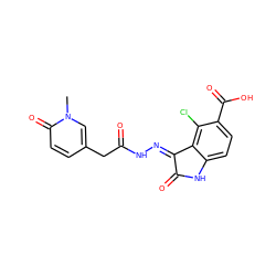 Cn1cc(CC(=O)N/N=C2\C(=O)Nc3ccc(C(=O)O)c(Cl)c32)ccc1=O ZINC000072178960