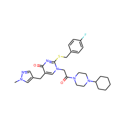 Cn1cc(Cc2cn(CC(=O)N3CCN(C4CCCCC4)CC3)c(SCc3ccc(F)cc3)nc2=O)cn1 ZINC000029561034