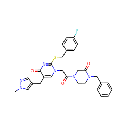 Cn1cc(Cc2cn(CC(=O)N3CCN(Cc4ccccc4)C(=O)C3)c(SCc3ccc(F)cc3)nc2=O)cn1 ZINC000029563114