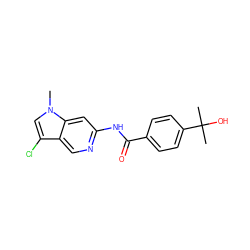 Cn1cc(Cl)c2cnc(NC(=O)c3ccc(C(C)(C)O)cc3)cc21 ZINC000145244497