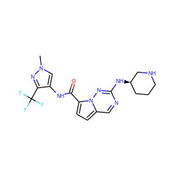 Cn1cc(NC(=O)c2ccc3cnc(N[C@@H]4CCCNC4)nn23)c(C(F)(F)F)n1 ZINC000473155031