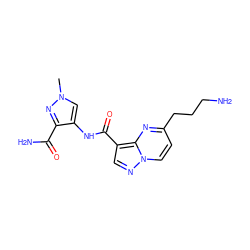 Cn1cc(NC(=O)c2cnn3ccc(CCCN)nc23)c(C(N)=O)n1 ZINC000473108553