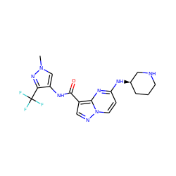 Cn1cc(NC(=O)c2cnn3ccc(N[C@@H]4CCCNC4)nc23)c(C(F)(F)F)n1 ZINC000473154449