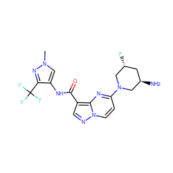 Cn1cc(NC(=O)c2cnn3ccc(N4C[C@H](N)C[C@@H](F)C4)nc23)c(C(F)(F)F)n1 ZINC000473090931