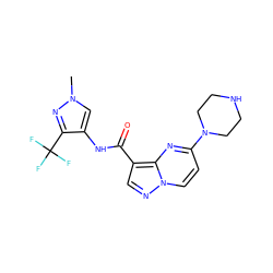 Cn1cc(NC(=O)c2cnn3ccc(N4CCNCC4)nc23)c(C(F)(F)F)n1 ZINC000473110334